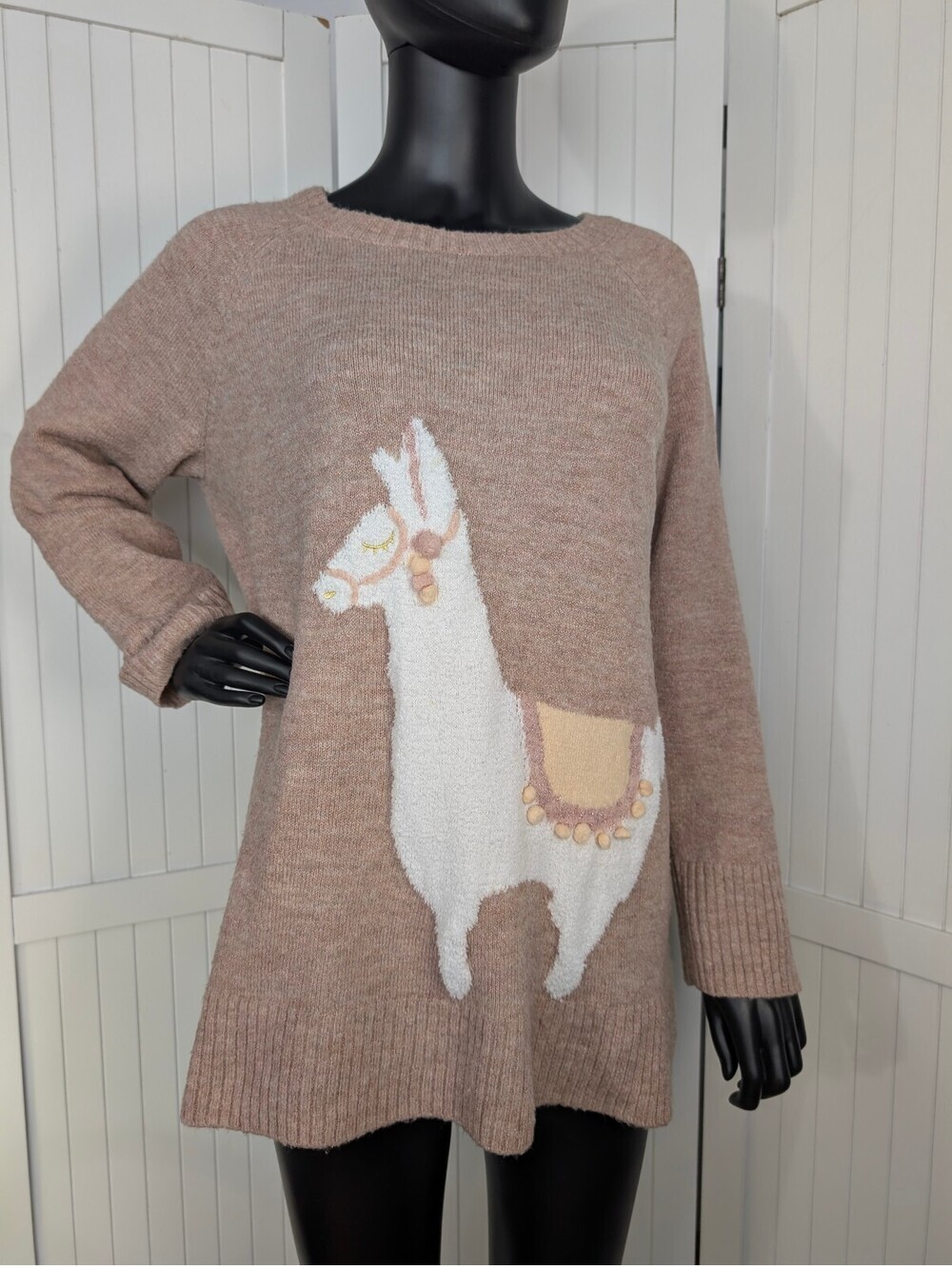 LC Lauren Conrad Petite L Llama Sweater Taupe Metallic Pom Pom Tunic Knit